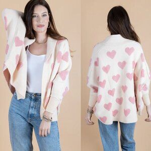 Sachi Cream Pink Ribbed Heart Cardigan Sweater nbnn